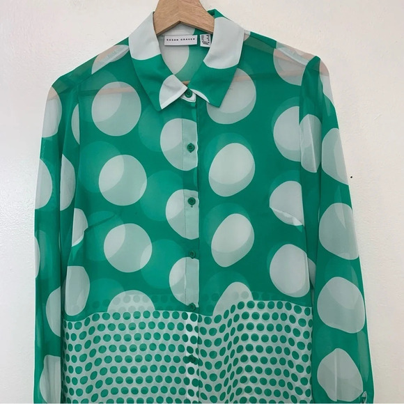 Susan Graver Blouse Woman XS Kelly Green Polka Dot Semi Sheer Long Sleeve Tunic - Picture 2 of 10